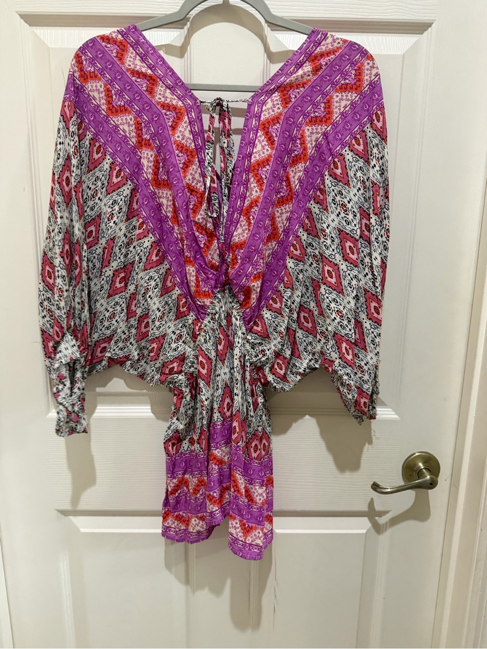 Umgee Pink and Purple Boho Tie-Front Tunic Top elastic cinch waist